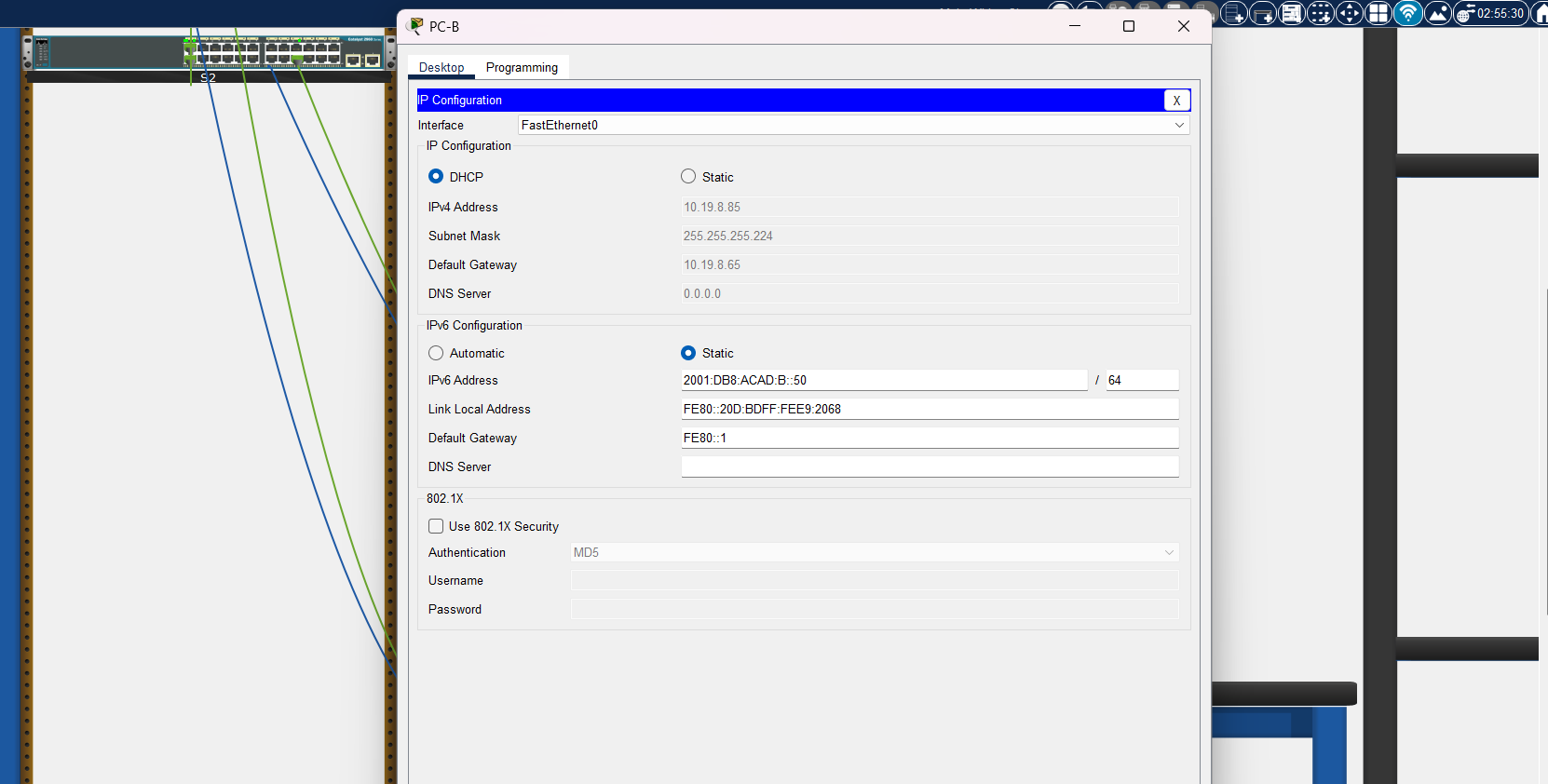 Configure the IP Configurations of PC-B on PKA